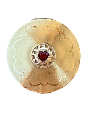 Vintage Mid Century Stratton Jeweled Heart Guilloche Enamel Round Gold  Compact